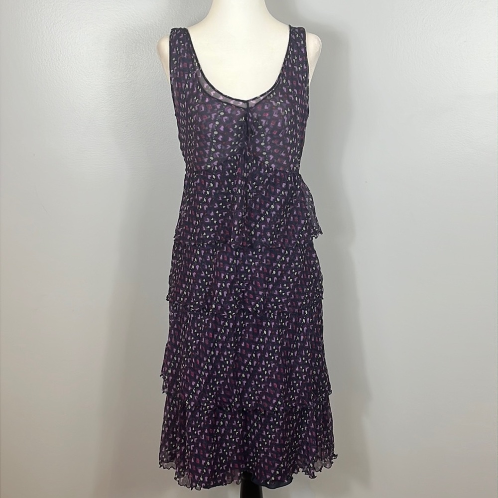 Moschino Cheap and Chic Silk Halter Top Ruffle Dress with Purple Heart Pattern